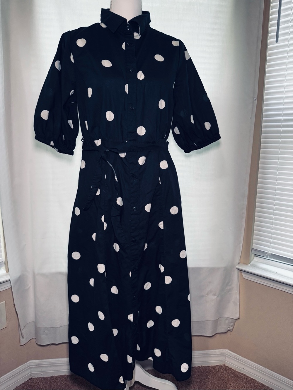 a new day Black Midi Shirt Dress with White Polka Dots